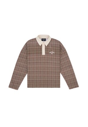 Polo a maniche lunghe a quadri marroni con colletto crema, caratterizzato da una patta con bottoni e logo ricamato sul lato sinistro del petto. Materiale in misto cotone.