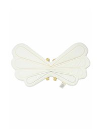White butterfly-shaped cushion with quilted texture, featuring yellow and green accent stitching, and two attachment straps on the back.