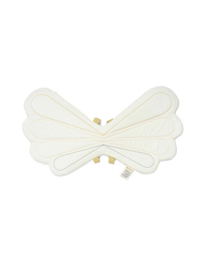 White butterfly-shaped cushion with quilted texture, featuring yellow and green accent stitching, and two attachment straps on the back.
