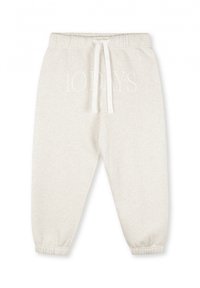 Lichtgrijze trainingsbroek met een elastische tailleband, een trekkoord en elastische boorden. Voorzien van witte tekst met de tekst "10 DAGEN" op de voorkant.