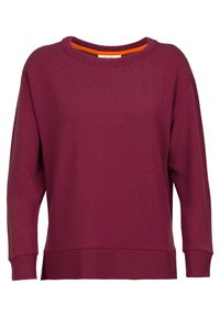 Sudadera burdeos de tejido ligero con cuello redondo, hombros caídos y puños de canalé. Presenta un detalle en naranja a lo largo del escote.