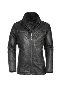 Schwarze Lederjacke mit einem Reißverschluss an der Vorderseite, geripptem Kragen und zwei Reißverschlusstaschen auf der Brust; glatte Textur mit subtilen Nähten.
