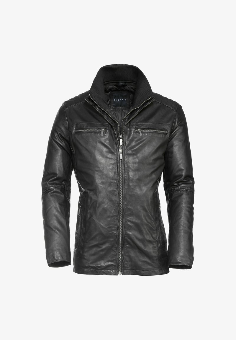 Črna usnjena jakna z zadrgo na sprednji strani, rebrastim ovratnikom in dvema žepoma na prsih z zadrgo; gladka tekstura z diskretnimi šivi.