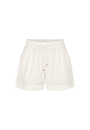 Witte katoenen korte broek met elastische tailleband, verstelbaar trekkoord met kwastjes en decoratieve gestikte zoom.