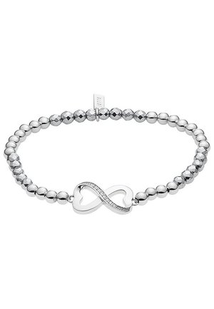 Bracelet en perles d'argent avec des perles rondes lisses et facettées alternées et un symbole infini avec un cœur et des cristaux incrustés.