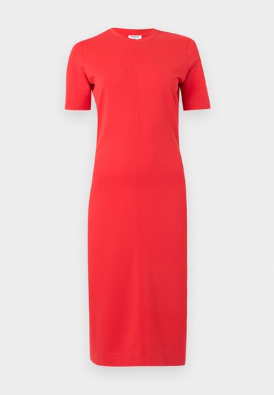 Κόκκινο φόρεμα μέχρι το γόνατο με κοντά μανίκια, στρογγυλή λαιμόκοψη και κάθετη ραφή στο κέντρο μπροστά.
