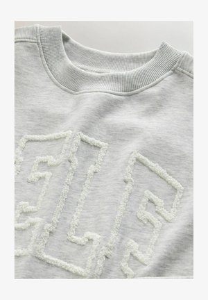 Gaiši pelēks sporta džemperis ar teksturētu baltu "SELF" logotipu. Ribota apaļa kakla izgriezums un gluda auduma tekstūra. Vienkāršs dizains un mīksta apdare.