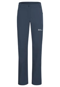 Pantalons d'extérieur bleu marine avec poches latérales zippées, fermeture à bouton, passants de ceinture et logo Jack Wolfskin sur la cuisse.