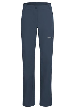 Navy blue outdoor pants with zippered side pockets, button closure, belt loops, and Jack Wolfskin logo on the thigh.