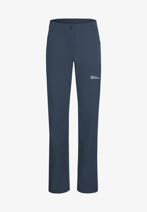 Marineblauwe outdoorbroeken met ritszakken opzij, knoopsluiting, lussen voor een riem en het Jack Wolfskin-logo op de dij.