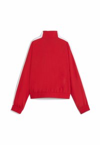 Rød zip-up jakke med høj krave, hvide stribede detaljer, elastiske manchetter og en samlet talje, fremstillet af glat, letvægtsstof.