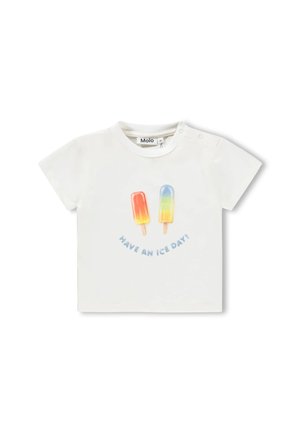 Biała koszulka dla malucha z dwoma kolorowymi lizakami lodowymi i napisem „Have an ice day!” poniżej, zapinana na guziki na ramieniu.