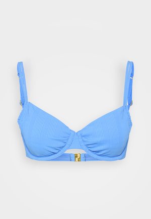 Light blue bikini top with ribbed texture, underwire support, adjustable straps, and a gold clasp closure at the front.