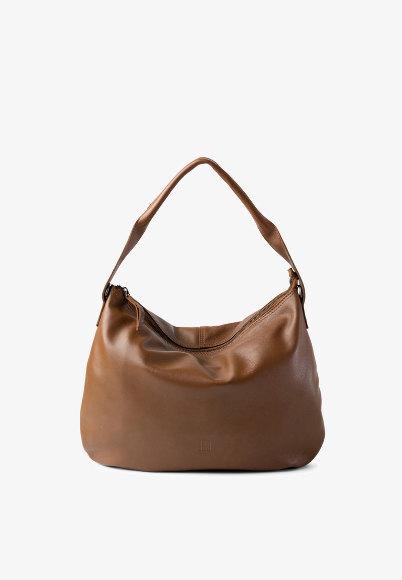 Bruine leren schoudertas met een zachte, ronde vorm, voorzien van een ritsluiting en een brede, gladde handgreep voor gemakkelijk dragen.