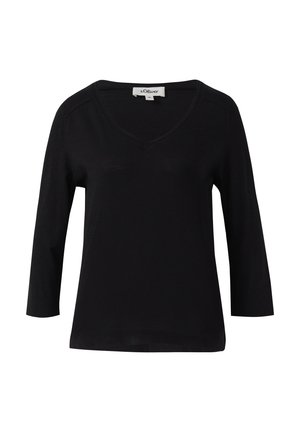 Zwarte lange mouwen V-hals T-shirt, gemaakt van zachte stof. Heeft een relaxte pasvorm en minimale stiksels langs de halslijn en de mouwen.