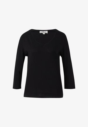Schwarzes langärmliges V-Ausschnitt-T-Shirt aus weicher Stoffqualität. Bietet einen lässigen Schnitt und minimale Nähte entlang des Ausschnitts und der Ärmel.
