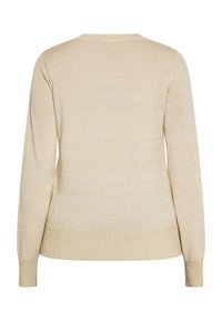 Beige trui met lange mouwen van zacht, geweven stof. Heeft een ronde halslijn en aansluitende manchetten, met een gladde, egale afwerking.