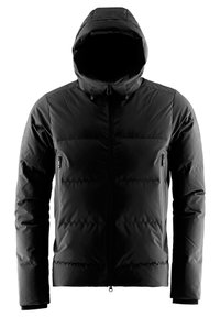 Chaqueta de plumas negra con cierre frontal, capucha y dos bolsillos laterales. Presenta una textura suave y brillante y puffs acolchados para aislamiento.