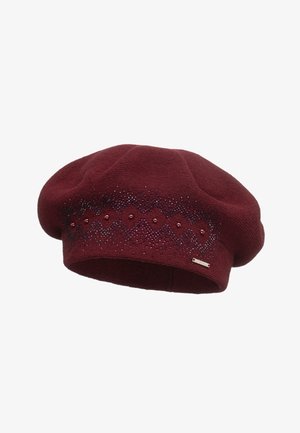 Bordeaux strikket beret med et struktureret design med diamantmønstre, prydet med små perler og glimt, metal accentmærkat.