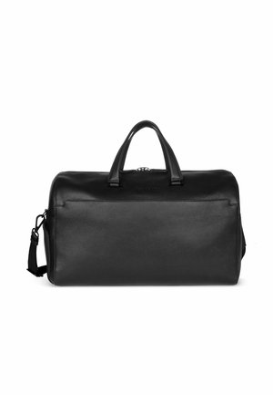 Bolsa de viaje de cuero negro con asas dobles y correa de hombro desmontable, forma rectangular, cierre con cremallera en la parte superior.