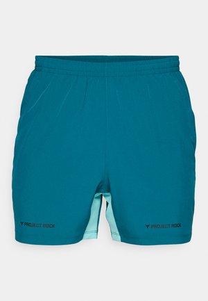 Shorts sportivi turchesi con cintura elastica, dotati di un pannello in rete e accenti blu chiaro a contrasto. Logo stampato nero: "PROJECT ROCK."
