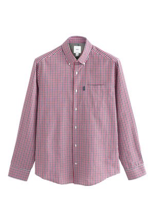 Men's long-sleeve button-up shirt with red, white, and navy blue checkered pattern, button-down collar, and chest pocket.