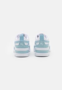 Light blue and white sneakers with a textured suede upper, padded collar, and white rubber sole featuring a logo on the back.