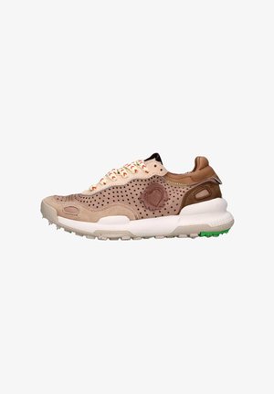 Sneaker con una toma perforata beige, dettagli marroni, lacci multicolore e una suola intermedia bianca con dettagli verdi sulla suola.