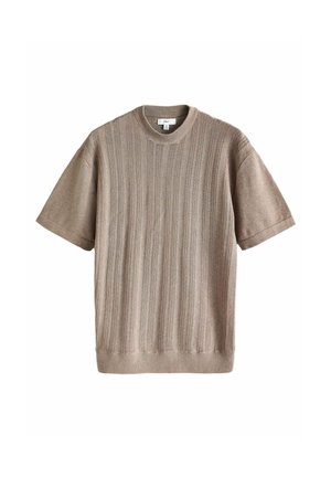 Pull beige à manches courtes en maille avec texture côtelée verticale et col rond, taille moyenne avec poignets de manches repliés.