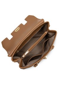 Borsa a mano in pelle marrone con un design strutturato, dotata di una chiusura in tonalità oro e di un ampio interno con una tasca con zip e diversi scomparti.