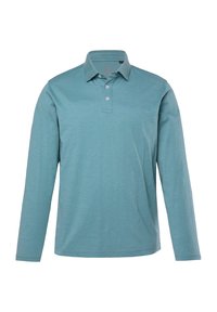 Polo shirt azzurro chiaro a maniche lunghe con colletto, patta con tre bottoni e un tessuto liscio, leggermente strutturato.