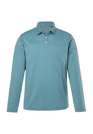 Polo shirt azzurro chiaro a maniche lunghe con colletto, patta con tre bottoni e un tessuto liscio, leggermente strutturato.