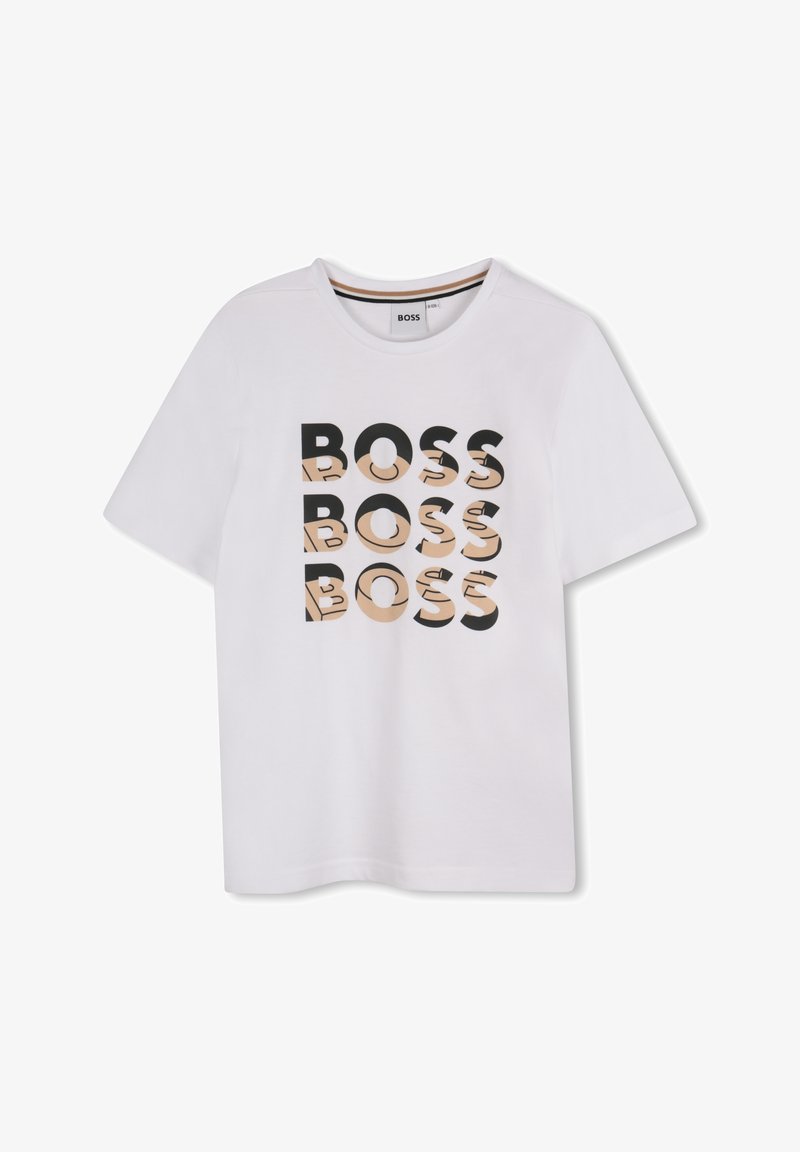 T-shirt de algodão branco com um gráfico repetido de "BOSS" em preto e bege, com decote redondo e mangas curtas.