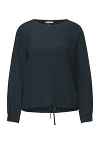 Dunkelmarineblaues Langarmbluse aus glattem Stoff, mit Rundhalsausschnitt, einem Kordelzug am Saum und dezenten Nahtdetails auf der Vorderseite.