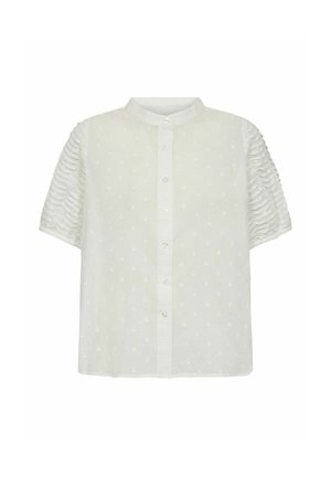 White short-sleeve blouse with textured polka dots, button-down front, gathered ruched sleeves, and a band collar.