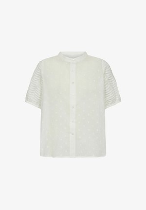 White short-sleeve blouse with textured polka dots, button-down front, gathered ruched sleeves, and a band collar.