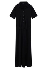 Sort knap-op kjole med krave, korte ærmer, belagt talje og et langt, flydende design. Glat stof med en subtil tekstur.