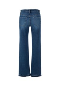 Blue denim wide-leg jeans with a frayed waistband, two back pockets, and hemmed edges. The fabric has a smooth, texture.