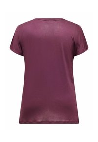 Haut à manches courtes violet en tissu lisse, avec un col arrondi et une coupe décontractée, présentant un design simple et sans ornements.