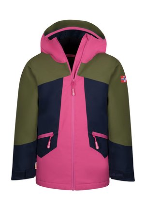 Colorful waterproof jacket featuring pink, green, and navy panels. Includes a hood, zippered pockets, and a logo patch on the sleeve.