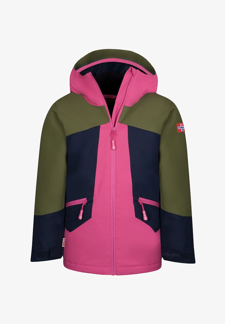 Colorful waterproof jacket featuring pink, green, and navy panels. Includes a hood, zippered pockets, and a logo patch on the sleeve.