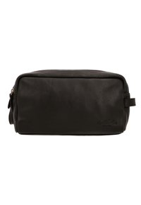 Rechthoekige zwarte leren tas met een gladde textuur, bovenritssluiting en een zijhandvat. Voorzien van een reliëflogo aan één kant.