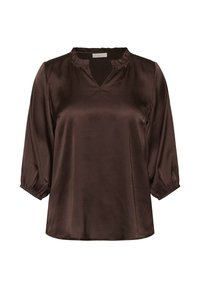 Smeđi satenasti blouse s rukavima do tri četvrtine, V-izrezom i naborima na izrezu i rukavima. Glatka tekstura, lagana tkanina.