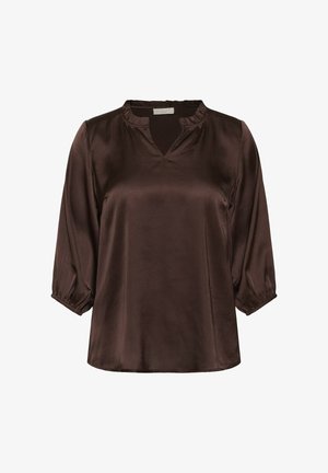 Brown satin blouse with three-quarter sleeves, V-neckline, and gathered detail at the neckline and sleeves. Smooth texture, lightweight fabric.