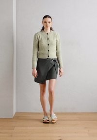 Lichtgroene gebreide cardigan met zwarte knopen, gedragen met een donkergrijze wikkelrok. Model draagt grijze instapsandalen; effen achtergrond.