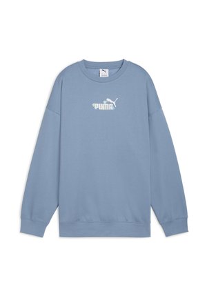 Lichtblauwe sweatshirt van zachte stof, met een ronde hals, lange mouwen en een wit logo met bloemenaccenten op de borst.