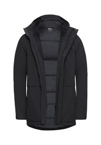 Parka noire avec capuche, dotée d'une fermeture éclair et de boutons-pression, de poches latérales et d'une doublure matelassée pour le confort. Tissu doux et texturé.