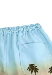 Gaiši zili peldbikses ar elastīgu jostu, ar aizmugures kabatu un palmas siluetu, kas drukāts tuvu apakšmalai.