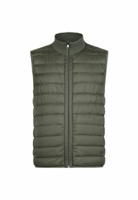 Olivgrön quiltad väst, fyllig, med hög krage och dragkedja fram. Har horisontell sömnad och en slät, matt yta.