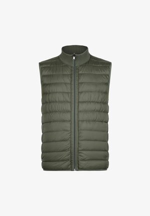 Oliven grøn quiltet vest, fyldt, med høj krave og frontlynlås. Har vandrette syninger og en glat, mat overflade.